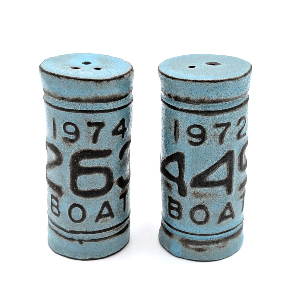 Studio Pottery BOAT Salt & Pepper Shakers Blue Stoneware Nautical Lake House